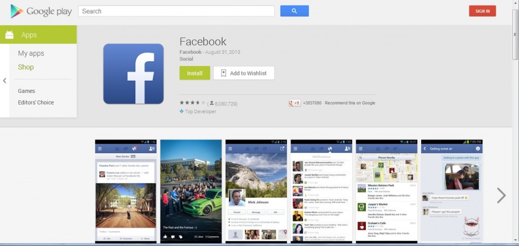 snap shot of facebook social app for android devices