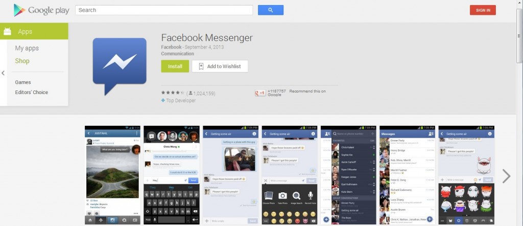 Android facebook messenger app for social interaction with friends and family