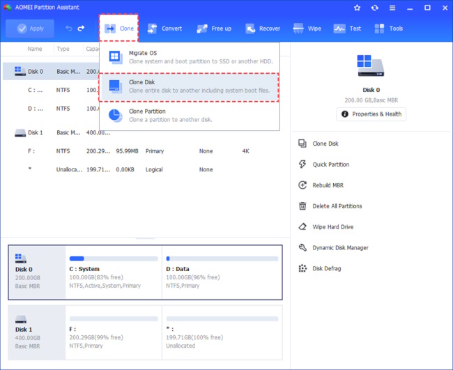 Step 1. Install and launch AOMEI Partition Assistant, click "Clone" in the main interface, and select "Clone Disk"