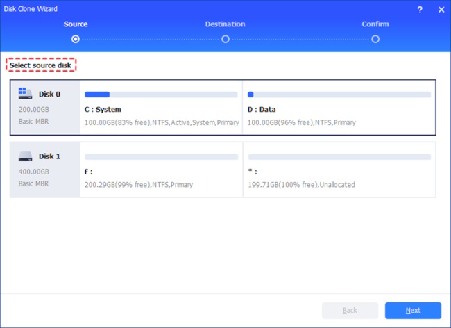 Step 2. Choose the hard disk that you need to clone as the source disk and click "Next".