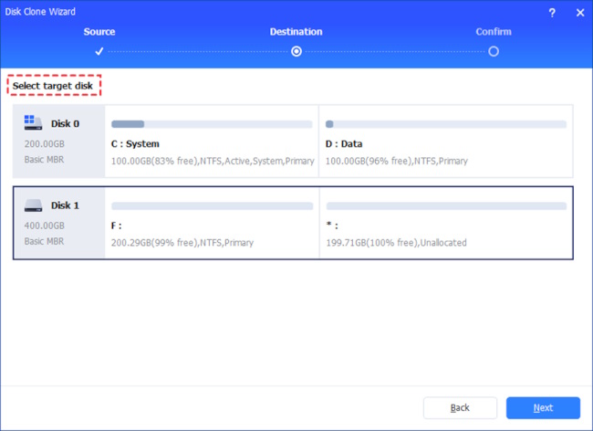 Step 3. Select the destination disk to store the data on the source disk, and then click "Next".