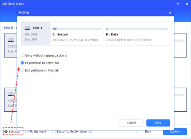 Here, you can also click the "Settings" button to adjust the partition size on the destination disk or tick "4k alignment" to improve the reading and writing speed of the SSD.