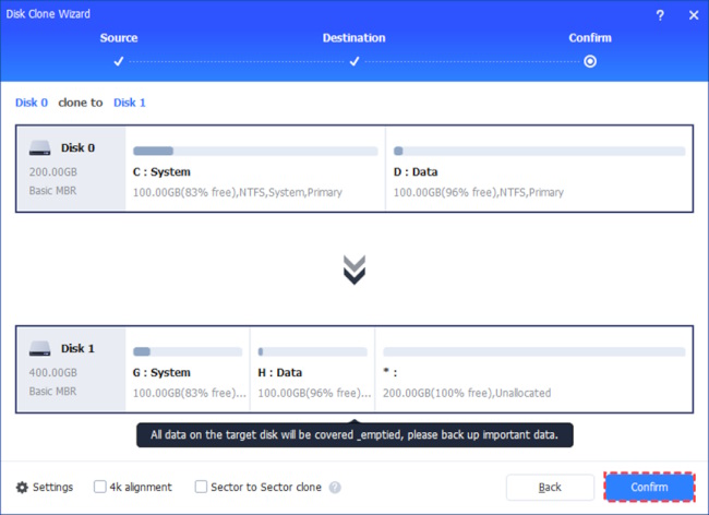 Step 4. Then, you can check the source and destination disk in the next window or change to "Sector to Sector clone", and click the "Confirm" button to continue if there is no problem.